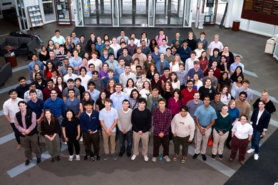 About 170 interns pose for a group photo in Lincoln Laboratory's lobby.