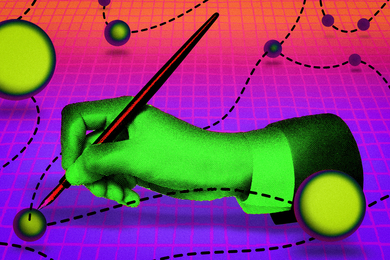 A hand writes, with spheres connected to lines in a Large Language Model.