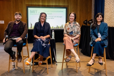 Aaron Krol, Allison Crimmons, Arielle Tannenbaum, and Mallika Talwar sit on stools, posing for a photo, in an indoor conference space