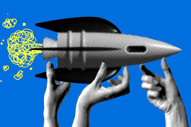 Photorealistic illustration of 3 hands holding a small model rocket in the air