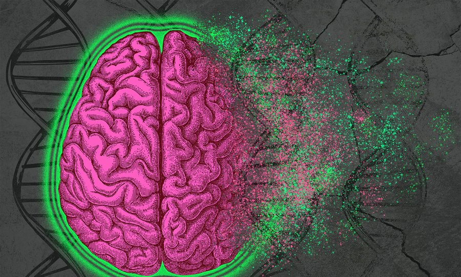 A pink brain outlined in neon green disintegrates upon gray background with DNA helixes.