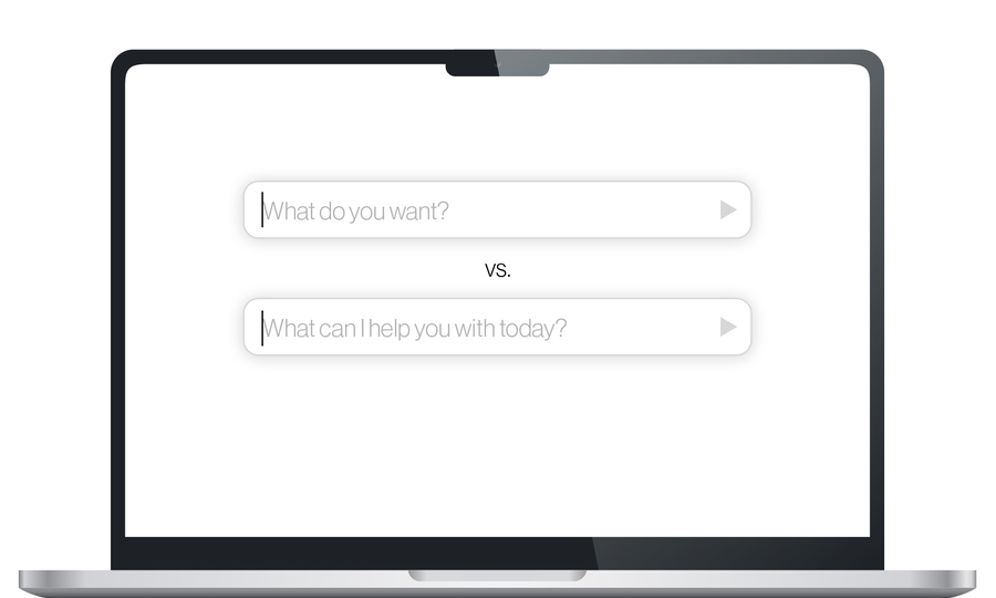 Laptop screen shows two search prompts as default. One says "What do you want?" and the other says "What can I help you with today?"