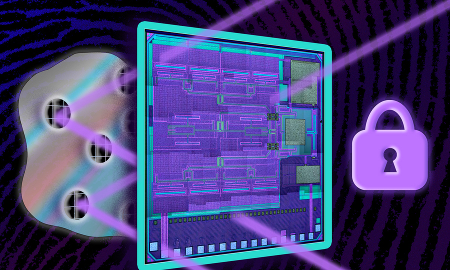 Three layers show a glob of glue, shiny circular metal bits, and the colorful blue computer chip. Pink lasers go through the chip and hit the circular metal bits and bounce back. A lock icon is to the right.
