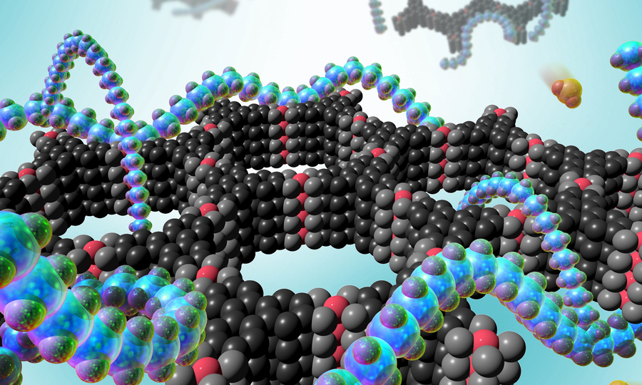 Colorful rendering shows a lattice of black and grey balls making a honeycomb-shaped molecule, the MOF. Snaking around it is the polymer, represented as a translucent string of teal balls. Brown molecules, representing toxic gas, also float around.