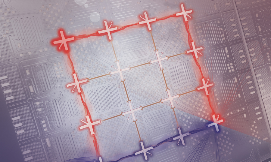 A unique computer chip has red and blue light on grid-like pathways.