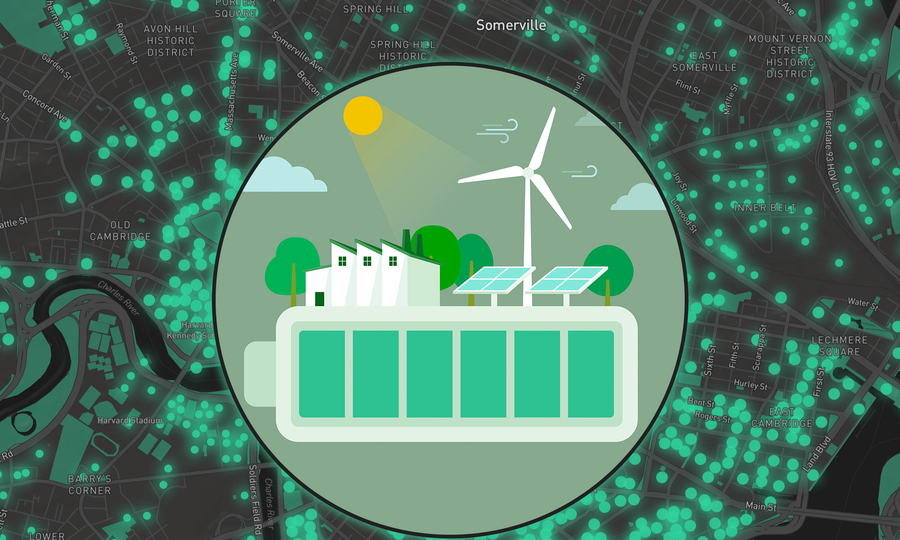 An icon shows solar panels and batteries. A map of Cambridge in the background.