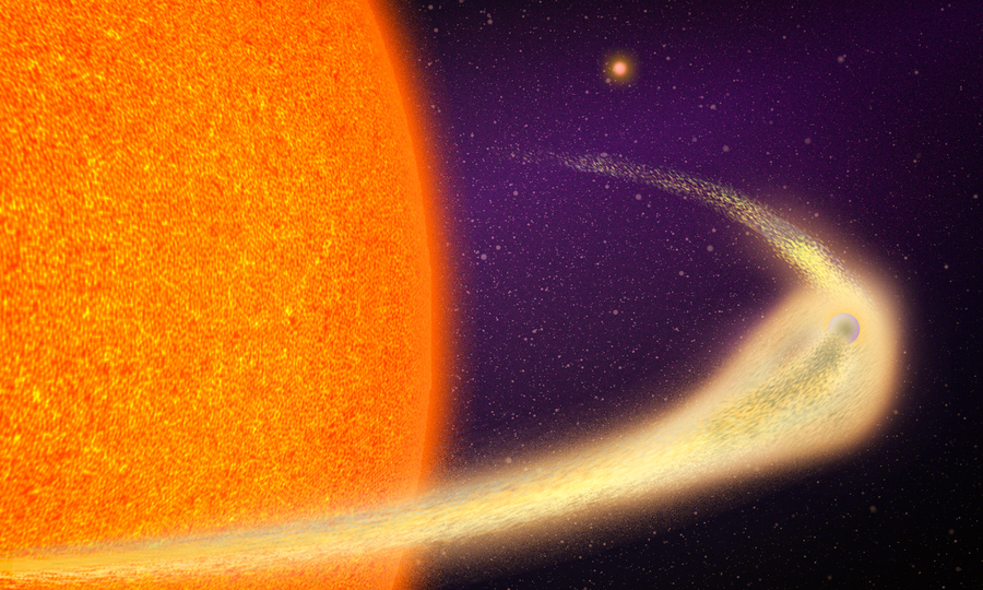 A tiny planet orbits has a large tail of debris spreading behind it as it orbits a star. Some debris is also in front of the planet.