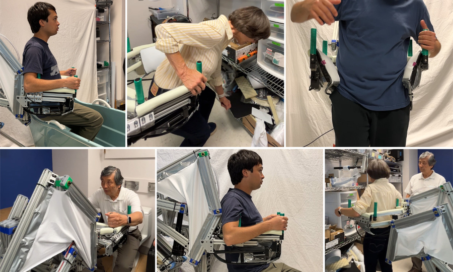 6 photos show people using a prototype of the robot.