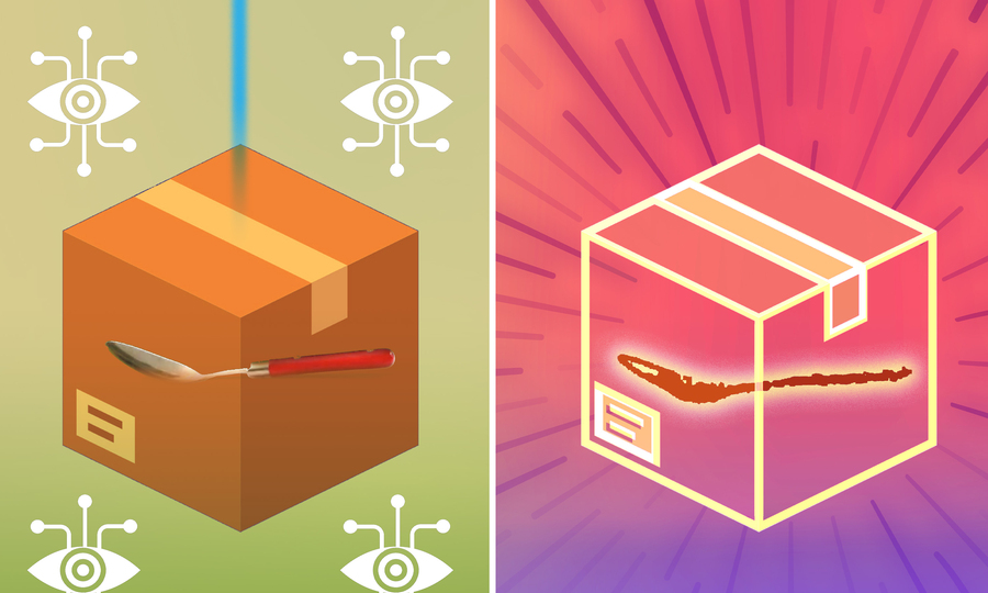 On left, a laser shines on a box with a spoon inside. On right, the transparent box shows the spoon’s silhouette.