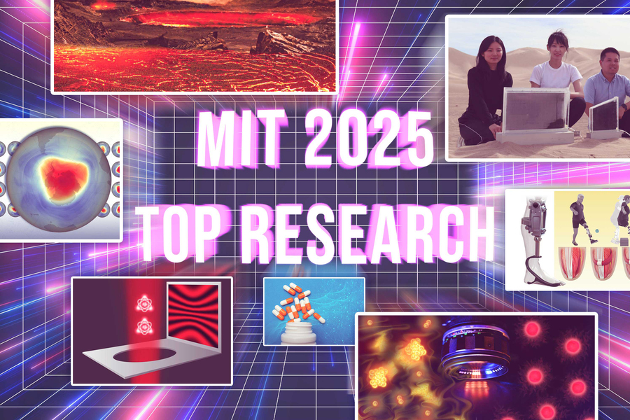 Text says "MIT 2025 Top Research" with images of volcanic lava, researchers in desert with panel devices, diagram of bionic knee, lens with stylized atoms, bottle of pills, beam of red light with two atom icons in it, and the ozone layer.