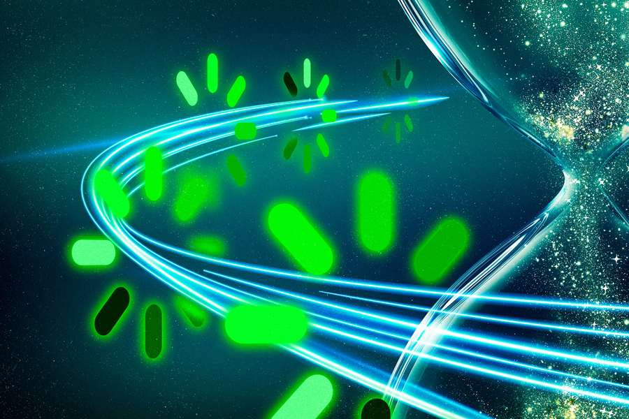 Hourglass and zooming light with “computer loading” icons.