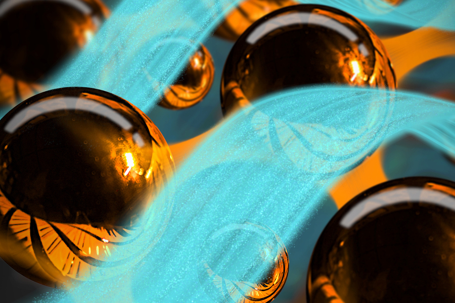 Shiny spheres undulate on blue light.