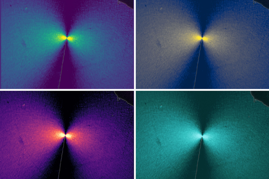 Four images show a tiny thread with a light. The light shines like a bowtie.