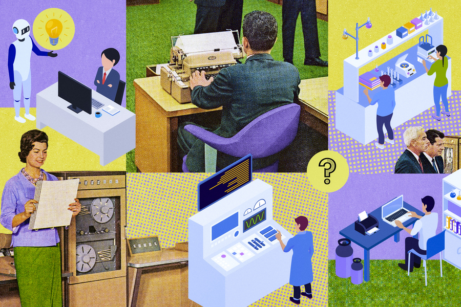 Collage of vintage photos of office workers mixed with illustrations of modern lab workers.