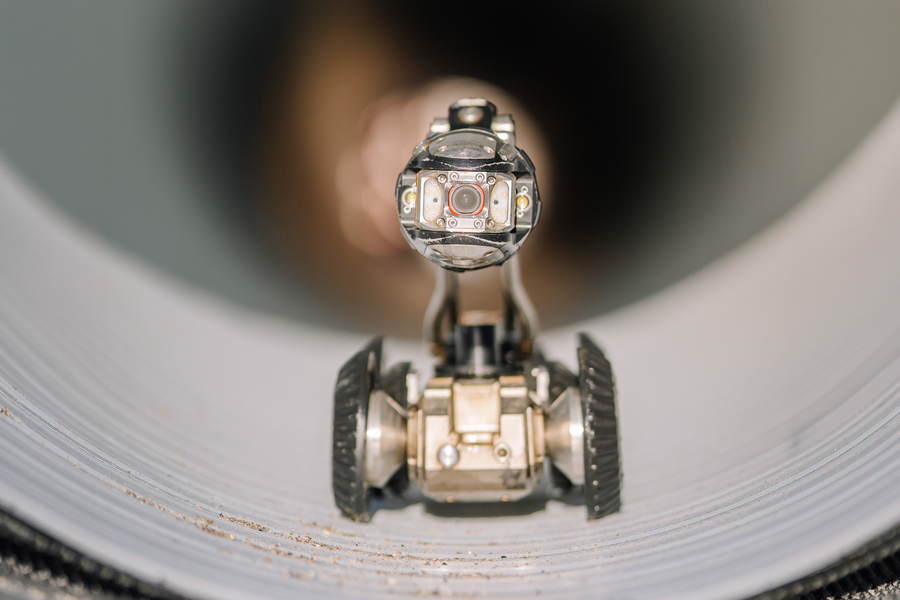 A tiny robot on wheels inside a tube