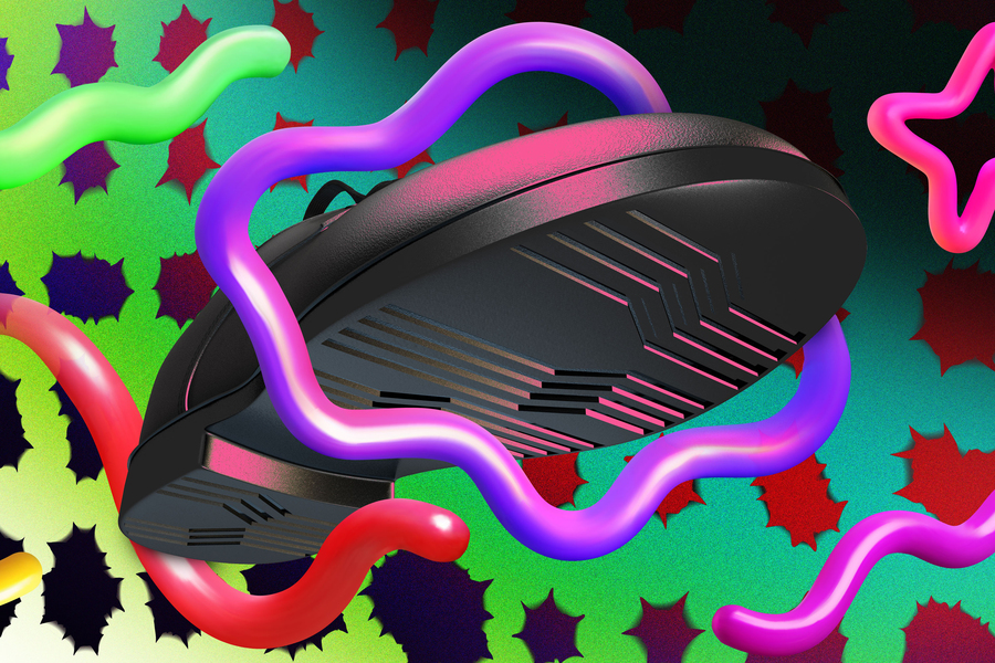 A shoe flies through plastic bits. The background is full of holes.