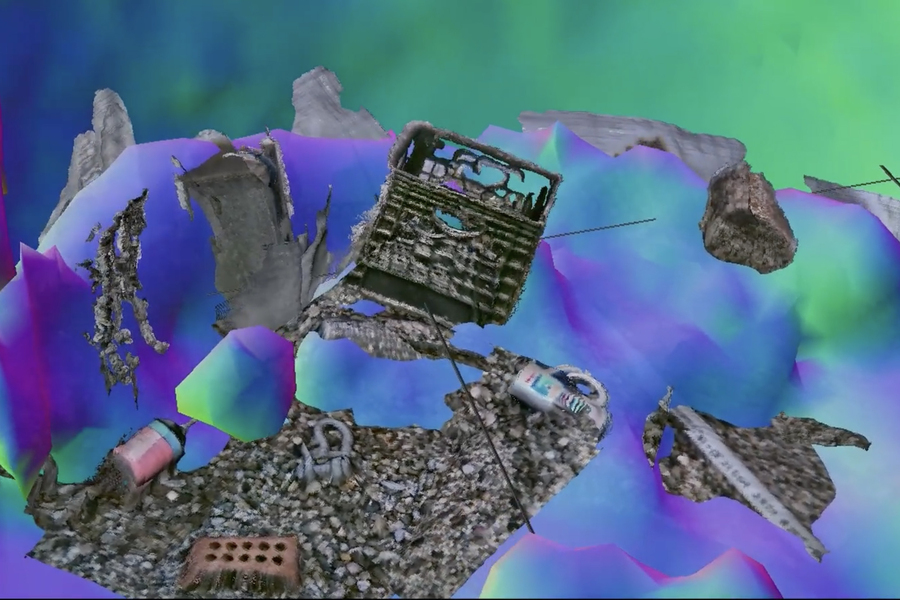 Sea sediment, including rocks and a milk crate, float atop a green and indigo background.
