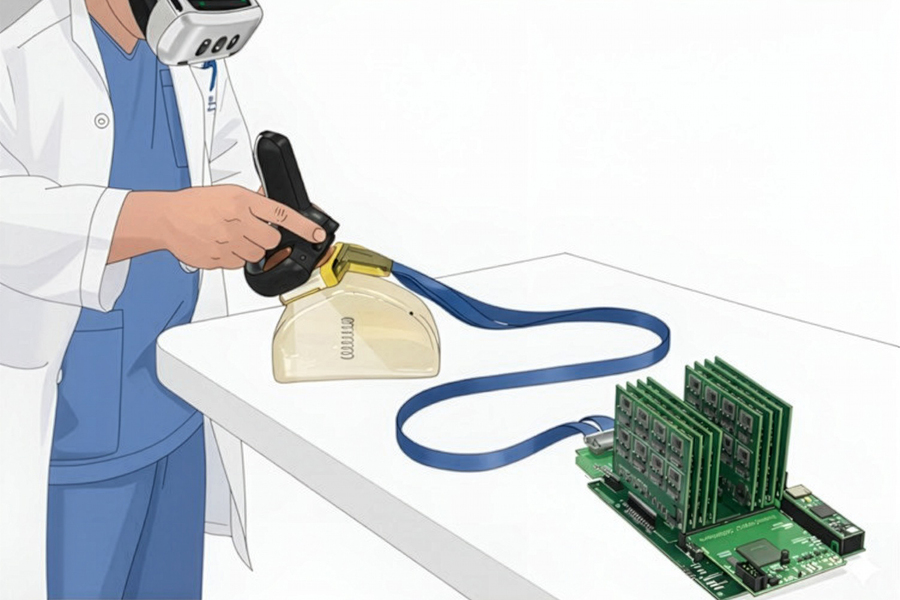 A technician wearing goggles uses a semi-circle device connected to circuit boards.