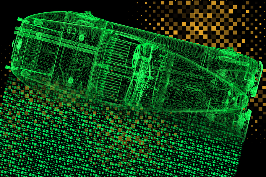 Binary code fading into a rendering of a 3D automobile model