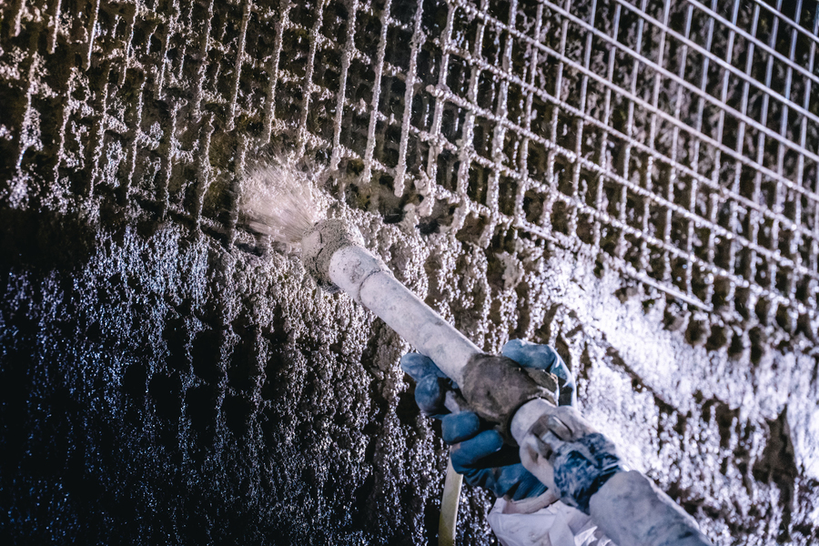 Liquid cement is being blasted onto rebar.