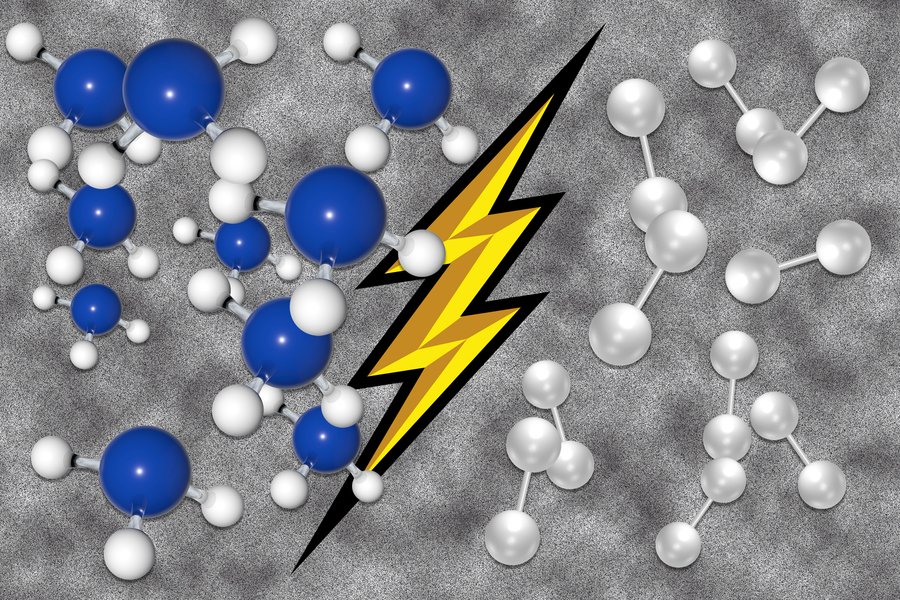 Aluminum atoms and hydrogen atoms divided by a bolt of electricity