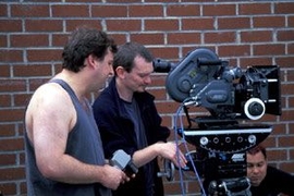 John Underkoffler (center) and fellow Media Lab graduate Alan Lasky (left) make some behind-the-scenes adjustments on an earlier film project. Underkoffler is now the science and technology advisor on Ang Lee's movie adaptation of "The Incredible Hulk."
