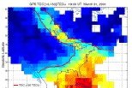Analysis of GPS navigation signals monitored at over 120 sites provides a snapshot of ionospheric total electron content (TEC) over North America during a major geomagnetic disturbance. A large scale plume of storm enhanced density (SED) spans the continent from a source region in the eastern US. The bold red contour marking TEC > 50 units outlines the low-altitude footprint of the TEC plume. T...