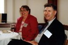 Bonnie Tuohy and Fred Rosenberg of Lincoln Lab enjoy themselves at the Quarter Century Club luncheon.