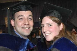 Garry and Karlene Maskaly, who met as MIT undergraduates and went through grad school together, picked up their Ph.D. hoods together on Thursday, June 2. The couple, married in 2000, both got degrees in materials science.