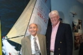 MIT retiring professor Jerry Milgram (left) with MIT alum Bill Koch at the opening of an exhibit that honors Milgram's many contributions to Ocean Engineering, at the Compton Gallery at MIT.