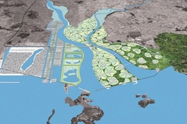 Architectural drawing of  proposed landfill development in South Korea. An MIT team is among the winners of a contest to design the 401 square kilometer project.