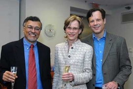 Head of the Department of Brain and Cognitive Sciences and the Paul E  Newton (1965) Professor of Neuroscience  Mriganka Sur, left, led a toast to newly named Institute Professor Ann Graybiel, along with Robert Desimone, director of the McGovern Institute, at a party given in Graybiel's honor.