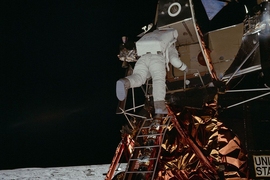 MIT alumnus Buzz Aldrin PhD '63 descends NASA's Lunar Module on July 20, 1969, just prior to becoming the second human to walk on the moon.