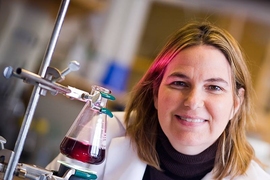 Angela Belcher, the Germeshausen Professor of Materials Science and Engineering and Biological Engineering, demonstrates a virus-templated catalyst solution used in harnessing energy from water.
