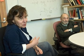 MIT's professor of linguistics Donca Steriade (left) and institute professor emeritus Morris Halle (right), experts in phonology, discussing a basic question: Why do human languages sound the way they do?