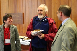 The welcoming atmosphere at Leading Jewish Minds has everyone smiling. Rabbi Michelle Fisher SM '97, left, speaks with John Klensin ‘66, PhD ’79 and Danny Watt, right, director of development for Hillel.