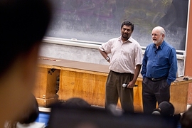 Computer science professors Saman Amarasinghe, left, and Charles Leiserson co-teach a class called Performance Engineering of Software Systems, where students' code is reviewed by volunteer Boston-area programmers.