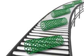 Illustration of a production line with several green carbon nanotubes on it