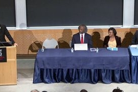 Speakers at an MIT forum on "Education in the United States" included, from left: Harvard historian Evelyn Higginbotham; University of Maryland physicist Sylvester Gates; MIT professor of chemical engineering Paula Hammond; and MIT professor of aeronautics and astronautics, and associate provost, Wesley Harris.
