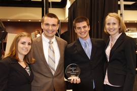 MIT sophomores and OnStar Developer Challenge winners, from left, Marie Burkland, Drew Dennison, Isaac Evans, and Sarah Sprague