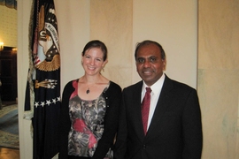 Trish Gregg and Subra Suresh pictured at the White House. Another MIT alum, Kate Huntington PhD '06, was among the 14 outstanding early career scientists invited to the event.