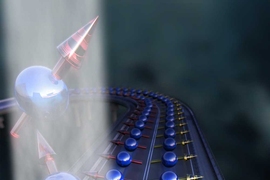 This diagram illustrates how lasers can be used to control an electric current on these new materials. Electrons (blue spheres) travel, as if on a highway, in different directions, with their axis of spin (arrows) aligned differently according to the direction of travel. A circularly polarized laser beam (left) affects only electrons going in one direction, removing them from the flow, leaving a n...
