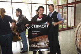 Robert Lepage with a student after the Q&A session
