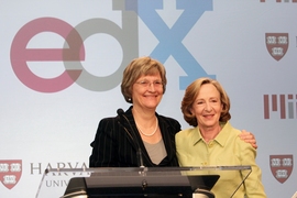 Harvard President Drew Faust and MIT President Susan Hockfield after delivering remarks at the press conference unveiling edX, the two universities&#39; new joint online-education effort.