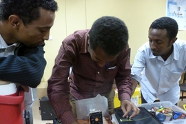 Engineers at the Addis Ababa Institute of Technology in Ethiopia conduct tests on a CoolComply prototype.