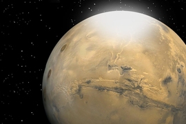 Researchers have determined the size of CO<sub>2</sub> snow particles on Mars, depicted in this artist's rendering as a mist or fog that eventually settles to the surface as carbon dioxide snow.