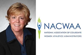 Julie Soriero portrait, left, with text "NACWAA: National Association of Collegiate Women Athletics Administrators" on right.