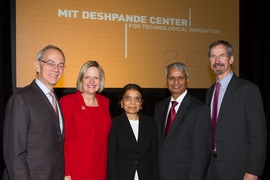From left, MIT President L. Rafael Reif and his wife, Christine; Deshpande Center founders Jaishree and Desh Deshpande; and Deshpande Center Faculty Director Charles Cooney.