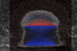 In this micrograph of an experimental transistor, blue highlighting indicates areas of "strain," where germanium atoms have been forced closer together than they find comfortable. One of the reasons for the transistor's record-setting performance is that the strain has been relaxed in the lateral direction.