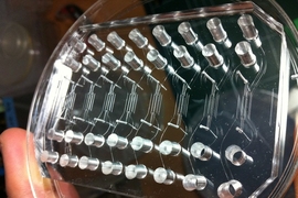 This image shows multiple microfluidic sites in a single system that can be used to conduct many experiments simultaneously.